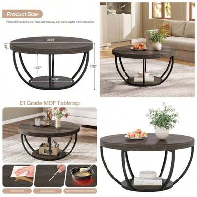 Round Coffee Table, Industrial 2 - Tier Circle Coffee Table With Storage Shelves, Modern Wooden Accent Center Table Sofa Side Table Living Room, Woode