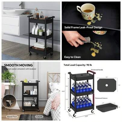 Rolling Storage Cart, 3 - Tier Mobile Trolley, Metal Frame With Plastic Shelves, 45x 35x 25 Black, 3 - Tier