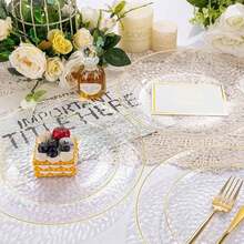 50/5 件套透明金边锤纹盘子、甜点盘、圆形金边优雅锤纹盘子、7.5/10.25 英寸餐具套装、优雅花卉设计、适合派对、生日、婚礼、节日和餐饮、圣诞节、优雅餐具、装饰盘 - 無色 - 查看 5