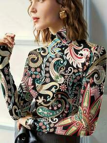 优雅复古高领修身T恤，长袖印花套头衫，适合所有季节，休闲春季穿着 - 彩色 - 查看 2