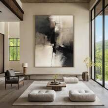 1 Pc Canvas Painting, Large-Scale Minimalist Abstract Paintings - Modern Wall Art In Black And Beige On Canvas , Wooden Framed Art,High Quality ,Thickness 2. 25cm/1inch Wall Art Prints Poster Direct Hanging Decor For Home Gifts,Living Room, Bathroom, Bedroom, Kitchen,Bar,Office,Halloween, Christmas And Valentine's Day Gifts,2D Plane - 黑色 - 查看 2