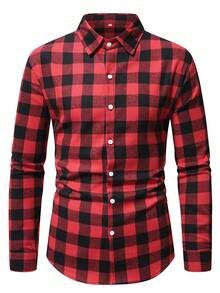 男士毛绒格子长袖衬衫，商务休闲，新款红色，秋冬 - 紅色 - 查看 2