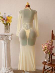 Temptaria 3pcs SS26 New Women's Fashion Bikini Set, Crop Top, Ocean Pearl Decor, Light Yellow, Women's Swimwear Beach Party Outfit Vacation Summer Elegant - Light Yellow - View 2