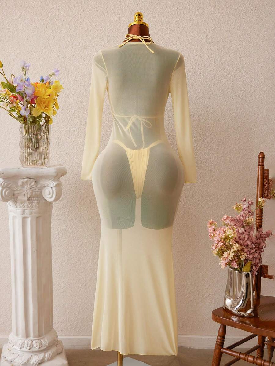 Temptaria 3pcs SS26 New Women's Fashion Bikini Set, Crop Top, Ocean Pearl Decor, Light Yellow, Women's Swimwear Beach Party Outfit Vacation Summer Elegant