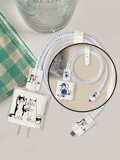 5pcs Set: 18/20W Charger Protective Case, Charging Cable Head Protector, Anti-Disconnect Protective Cover, Black & White Cat/Skateboard Puppy Pattern Compatible With IPhone