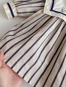 Toddler Girls' Korean Style Navy Collar Striped Long Sleeve Dress, Autumn - Màu Khaki - Xem 4