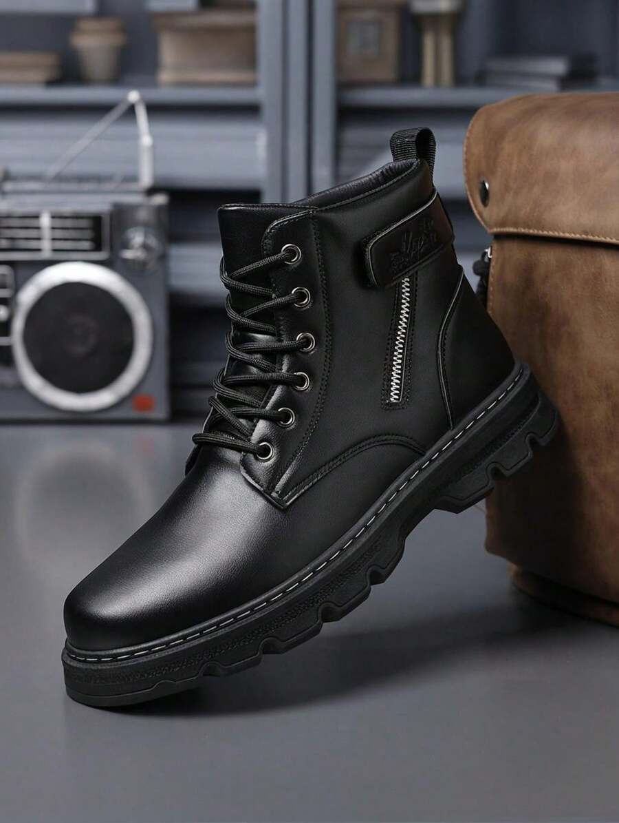 Men's High Top Combat Ankle Boots, Side Zipper Lace Up Faux Leather Casual Work Boots, Non-Slip Wear-Resistant Thick Sole Outdoor Hiking Boots For Men Fall Winter Daily Wear - 黑色 - 查看 1