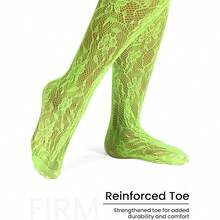 Floral Lace Plus Size Tights High Waist Velvet Pantyhose Sunflower Fishnet Stockings Leggings - 霓虹綠 - 查看 6