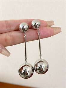 1 Pair Metal Ball With Long Tassel Drop Earrings, Exaggerated Vintage Jewelry Earrings Gift For Women - 銀色 - 查看 9