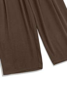 HUTENER Plus Size Women 2 Pieces Set - Lantern Sleeve Solid Color Lapel Button Design Blouse + Pocket Ruched Long Pants, Suitable For Commuting, Business, Office Elegant Spring - Chocolate Brown - View 6