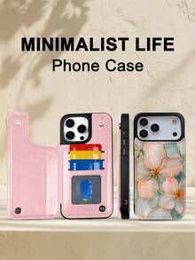Golden Line Floral Artistic Design Phone Case, 1PC, TPU+PC Dual Material, Handcrafted, Premium Fashion, Faux Leather Flip Wallet With Card Holder, Compatible With IPhone17/16/15/14/13/12/X/PLUS/PRO/PROMAX, Galaxy S25/S24/S23/S22PLUS/Ultra, Minimalist Design, Ideal For Women And Elegant Lovers Daily Use - 粉色 - 查看 1