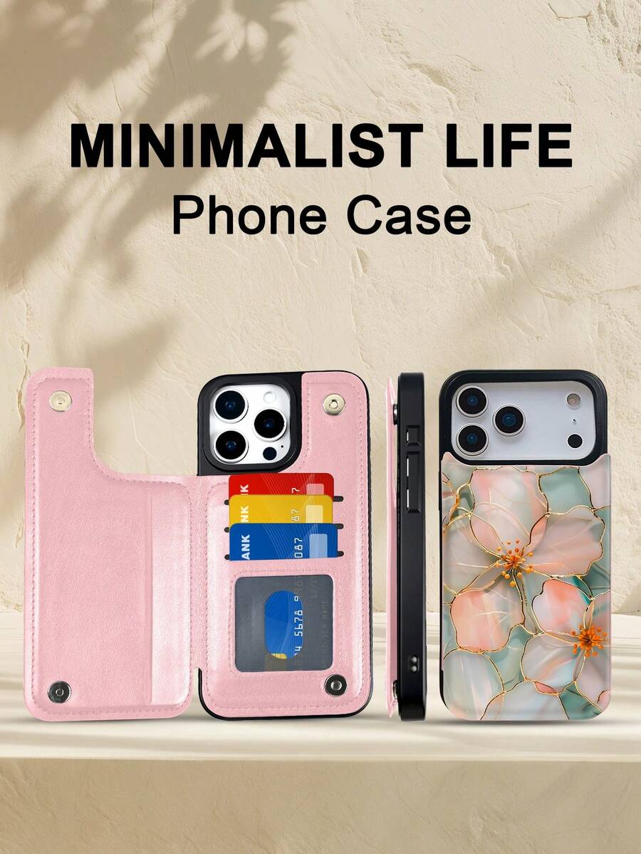 Golden Line Floral Artistic Design Phone Case, 1PC, TPU+PC Dual Material, Handcrafted, Premium Fashion, Faux Leather Flip Wallet With Card Holder, Compatible With IPhone17/16/15/14/13/12/X/PLUS/PRO/PROMAX, Galaxy S25/S24/S23/S22PLUS/Ultra, Minimalist Design, Ideal For Women And Elegant Lovers Daily Use - 粉色 - 查看 1