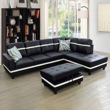 Black & White Semi-PU Leather 3-Piece Sofa Set With Storage Ottoman | [2 Options]2 Purchase Options: Complete Set With 2 Pillows Or Ottoman Only, Modern Sectional Couch With Solid Wood Frame, Easy Assembly - Black and White - View 3