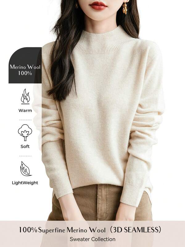 Women's 100% Merino Wool Seamless Sweater Mockneck First-Line Ready To Wear Long Sleeve Knitted Pullover Tops