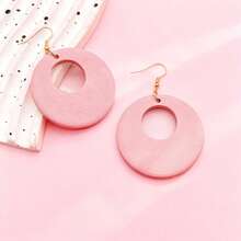 1 Pair Vintage Wooden Hollow Round Pendant Earrings - Baby Pink - View 4