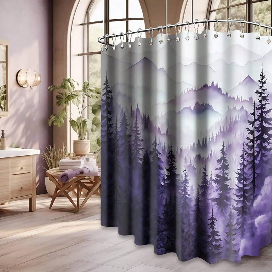Extra Wide Shower Curtain For Clawfoot Tub, 108x72 Inch, Purple Forest Nature Mountain Pattern Bathroom Decor, Waterproof Cloth Fabric With Hooks{"Color_name":"Purple","Size_name":"108\"Wx72\"L(Packof1)"} - 多色24 - 查看 1