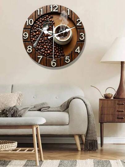 2D Flat Coffee Cup Beans Wooden Silent Wand Klok Moderne Home Living Room, Bedroom, Kitchen, Office Battery Operated (AA Not Included) Mother's Day view 4