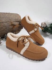 أحذية لوفر مبطنة حرارياً بأصابع مستديرة للنساء، أحذية مسطحة ناعمة ومريحة بأربطة، مناسبة للارتداء اليومي في فصلي الخريف والشتاء - بني فاتح - مشاهدة 2