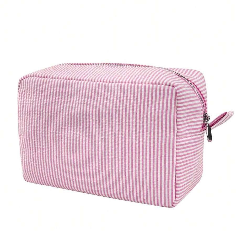 GFU Cosmetic Bag For Women, Large Makeup Bag, Travel Toiletry Stripe Cosmetic Bag, Seersucker Women Aesthetic Organizer Storage Pouch, Girls Handbags Purses (Pink){"Color_name":"Pink"} - 粉紅色的 - 查看 1