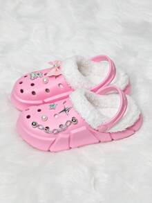 Warme Winterpantoffeln für Mädchen, Plüsch Gartenschuhe für Teenager (Größe 30-37), bequeme Fellinnenfutter rutschfeste Hausschuhe für Kinder mit personalisierten Schuhzubehör - Pink - Übersicht 5