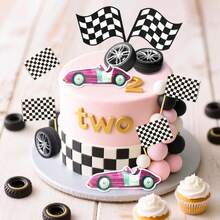 LaVenty Race Car Cake Decorations Car Cake Topper Checkered Flag Cake Topper Growing Up Two Fast Birthday DecorFast One Fast Three Need Four Speed Birthday Decorations - Multicolor - View 7
