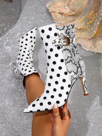 2025 Autumn/Winter New French Mid-Calf Snake Print High Heel Boots, Pointed Toe Side Zipper Ankle Boots With Fur Lining, Round Dot Fashion Boots, European Style