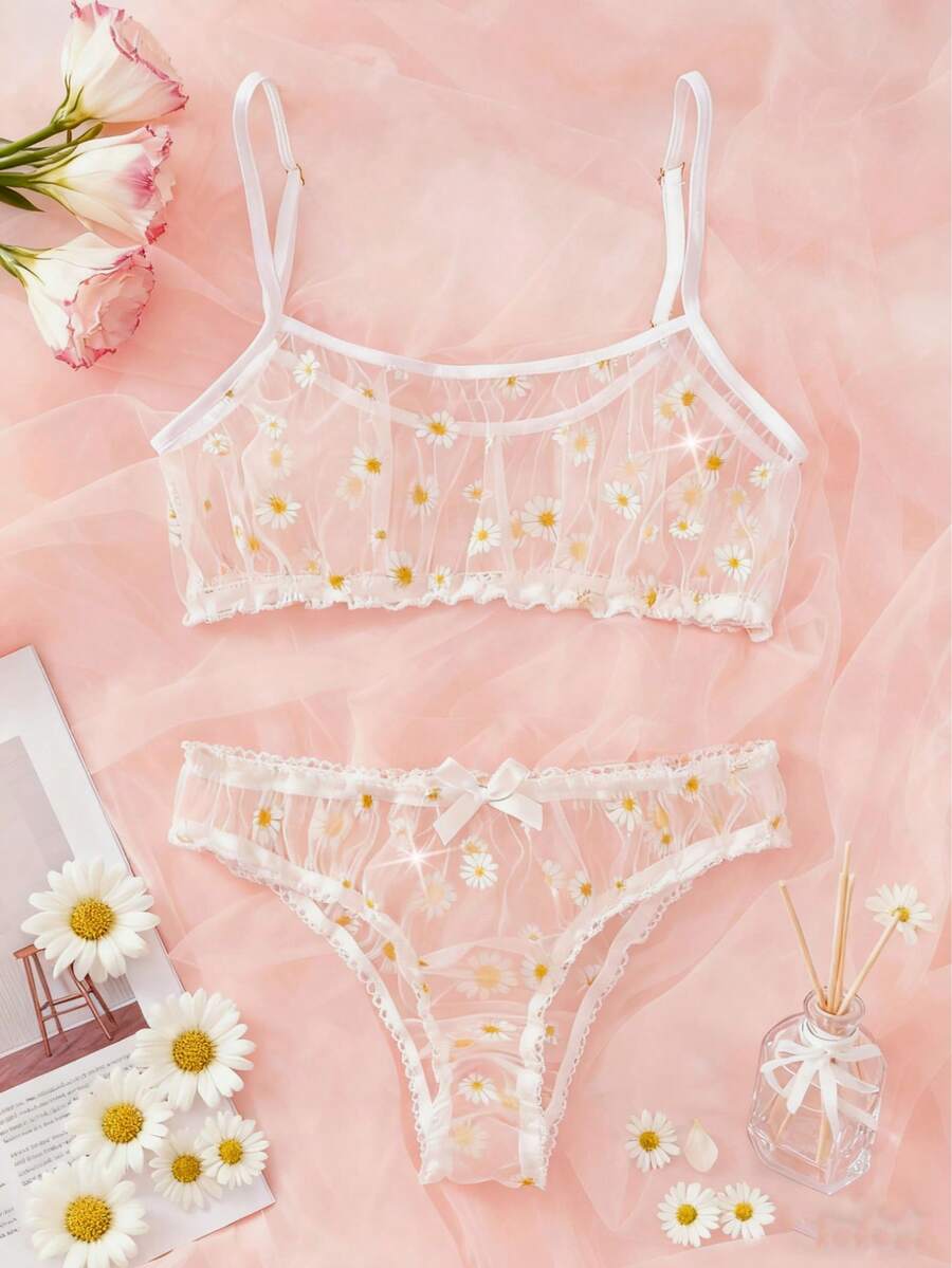 2件套新款透视薄纱花卉印花性感内衣褶皱侧边文胸透视内衣女士性感内衣套装嘉年华派对服装 - 黃色 - 查看 1