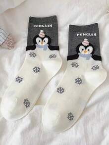 1/4 双可爱卡通企鹅百搭舒适中筒袜，秋冬圣诞礼物 - 彩色 - 查看 15