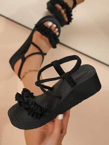 Women's Black Ruched Strap Wedge Sandals, Slip-On High Heel Shoes For Party, Vacation, Beach, Casual, Pleated Ruffle Trim Platform Wedge Sandals, Suitable For Summer, All Seasons - Black - View 1