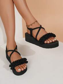 Women's Black Ruched Strap Wedge Sandals, Slip-On High Heel Shoes For Party, Vacation, Beach, Casual, Pleated Ruffle Trim Platform Wedge Sandals, Suitable For Summer, All Seasons - Black - View 4