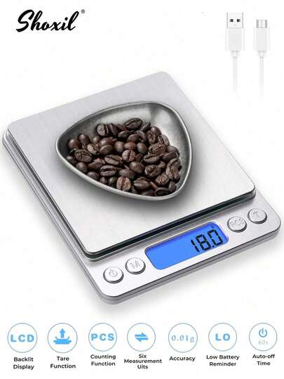 shoxil 1 件装高精度迷你电子秤，可充电手持式咖啡秤（带电池），不锈钢，厨房秤，食物秤，珠宝秤，精准烘焙工具，咖啡配件工具