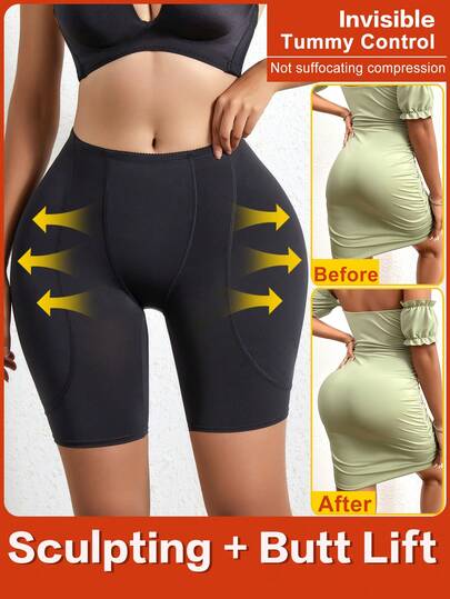 女式黑色收腹压缩短裤，带垫臀部和提臀功能，高腰塑身衣瘦身裤，带可拆卸垫，适合纤腰、腹部和臀部，透气塑身