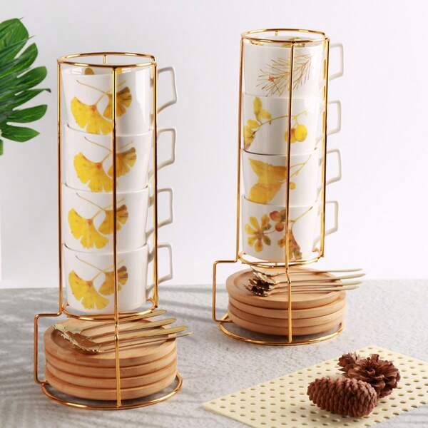 4pcs/Set Ceramic Coffee Cup Set With 4 Cups, 4 Saucers, 4 Spoons And Metal Holder, 250ml Capacity, Suitable For Coffee, Tea, Milk, Cappuccino, Iced Tea, Breakfast Cups, Mugs, Great Gift For Garden, Restaurant, Cafe, Home And Office, Family, Friends And Lovers, Ideal For Thanksgiving, Halloween, Christmas, Valentine's Day, New Year
