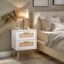 Bedside Tables Set Of 2, Side Table With 2 Hand Made Rattan Decorated Drawers, Night Stand Set 2, Wood Nigntstand, End Table With Storage Bedroom, Natural, 2 Pack - White - View 5