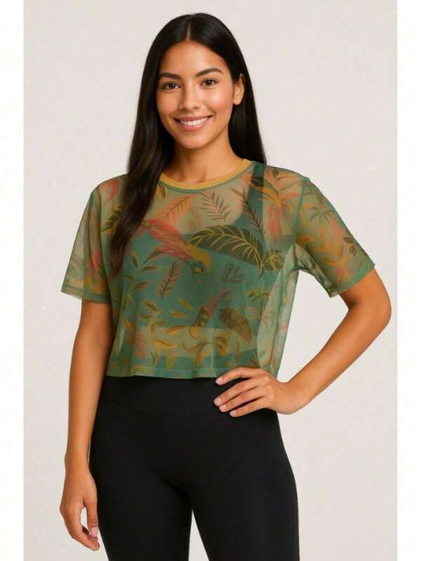 Blusa Tule Estampada Feminina Cropped Esportivo Academia