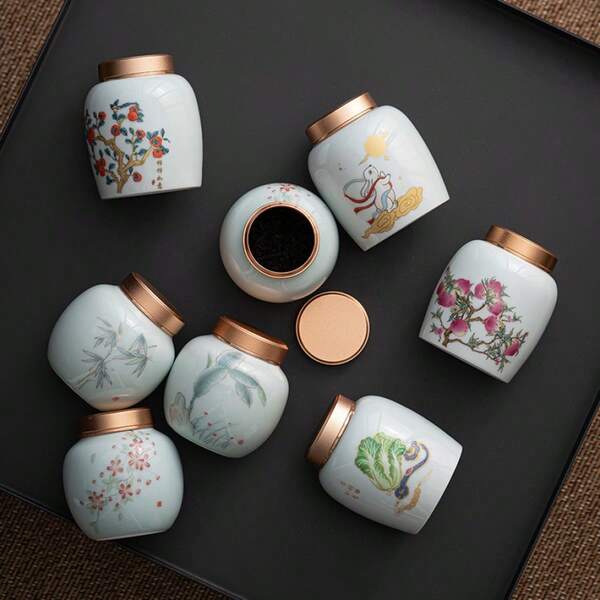 1pc Celadon Ceramic Tea Canister, Small Household Alloy Spiral Airtight Seal Storage Jar, Portable Tea Caddy