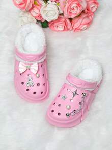 Warme Winterpantoffeln für Mädchen, Plüsch Gartenschuhe für Teenager (Größe 30-37), bequeme Fellinnenfutter rutschfeste Hausschuhe für Kinder mit personalisierten Schuhzubehör - Pink - Übersicht 4