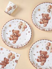 Brown Bear Themed Disposable Tableware Set, Including Paper Plates, Napkins, Cups, Suitable For Baby Shower, Gender Reveal, 1st Birthday Party Decoration - Brown Bear - View 5