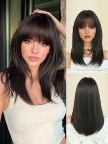 7JHH WIGS 20 英寸分层中长深棕色女士假发，优雅蓬松的全刘海合成假发，自然柔软耐热纤维假发，适合日常佩戴，初学者无胶假发配饰，母亲节礼物 - Dark Brown - 查看 2