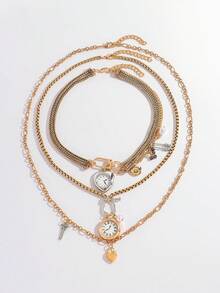 1 pieza de 3 collares con colgante de reloj bohemio retro de moda, collar con cadena de metal y colgantes contrastantes, adecuado para que las damas lo usen en su tiempo libre diario, fiestas y banquetes como regalo.