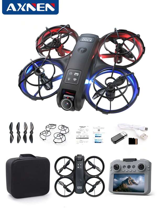 AXNEN New K100MAX Quadcopter Drone With FPV Transmission Extra-Large Screen Remote Controller - 720P HD Camera - Propeller Guard. Features Optical Flow Hovering, Smart Obstacle Avoidance, Speed Adjustment, Cool Light Switching. Perfect Gift For Halloween And Christmas.