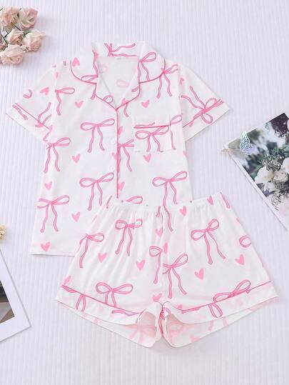 2pcs/Set Women Plus Size White Base Pink Heart & Bow Print Pajama Set, Short Sleeve Collared Button-Up Soft Top And Drawstring Elastic Waist Shorts, Lovely, Fashionable Everyday/Party/Home/Outdoor Leisure Sleepwear