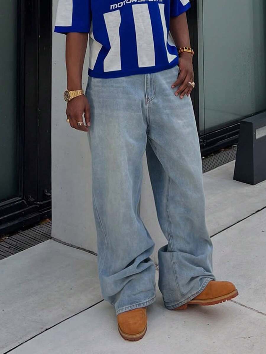 男士宽松直筒牛仔裤，休闲街头风格，四季皆宜 - 淺色水洗藍 - 查看 1