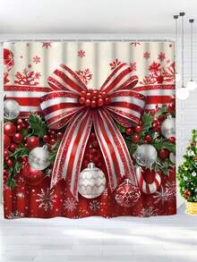مجموعة هدايا تشمل ستارة حمام للزينة الشتوية والعيد بتصميم الكرات والسنديان والفرنسية والثلج بألوان أحمر وأخضر، قابلة للغسيل، ستارة نافذة الحمام، تشمل 12 خطاف و غطاء مقعد مرحاض مانع للانزلاق بشكل حرف U