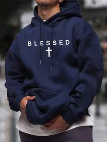 Men's Casual Minimalist Slogan Print Thermal Lined Hoodie Sweatshirt, Autumn/Winter, Long Sleeve Top - Navy Blue - View 3