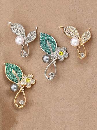 1pc Fashionable Emerald Green Flower Brooch With Pearl, Anti-Slip Lapel Pin With Rhinestone Leaf Decor For Jacket Christmas Gift
