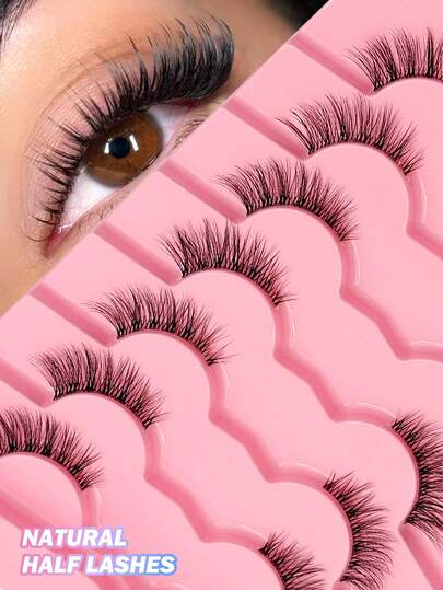  7 Pairs Asiteo Natural Thin Cat Eye False Eyelashes, Fluffy False Eyelashes With Transparent Stem, Short Half False Eyelashes