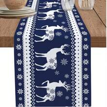 1pc Christmas Reindeer Table Runner, Vintage Navy Blue Snowflake Winter Kitchen Table Cloth, Winter Kitchen Dining Table Decor, Suitable For Party Or Holiday Use