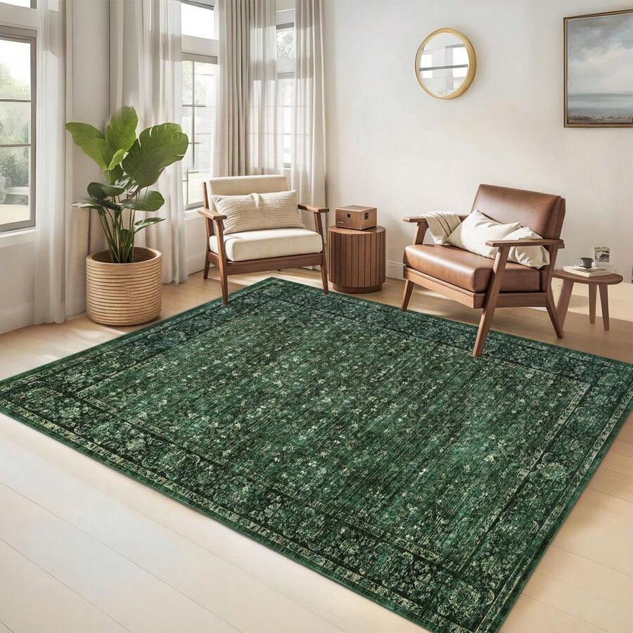 Traditional Home Decor Bordered Living Room Area Rug Non Shedding Easy To Clean Carpet Soft Printed Thin Floorcover Non Slip Low Pile Entrance Runner Rug Stain Resistant Washable Mat Throw Rug For Bathroom Bedroom Dinning Room Kitchen Laundry Hallway - Green - View 1