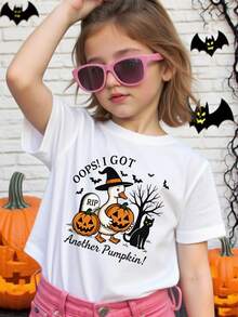 Camisetas Gráficas De Calabaza De Halloween Para Niñas Y Niños, 100 % Algodón, Ropa Para La Vuelta Al Cole, Camisetas Negras Con Cuello Redondo Y Estampado De Letras Con Sombrero De Bruja, Gato Negro Y Elementos De Jack-O'-Lantern, Lavables A Máquina, Aptas Para Deportes Al Aire Libre Y Camisetas De Verano, Regalos Para Fiestas De Halloween Y Truco O , Camiseta Infantil De Otoño De Corte Regular, Divertida Y Con Ambiente Espeluznante, Ropa Suave Y Transpirable Para Niñas Y Niños. - Blanco - Ver 1